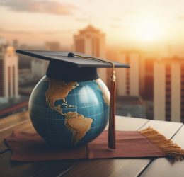 graduation-cap-with-globe-digital-art-style-education-day world globe graduate's cap on top of a desk in the office, in the style of cross-processing/processed, uhd image, high quality photo, layered translucency, light amber and sky-blue, website, eastern and western fusion --ar 76:51 --v 5.2 Job ID: 6928f80a-f693-455c-829e-b75cbda24402